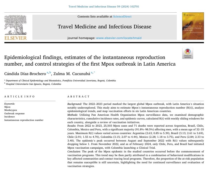 La OMS declara #mpox como Emergencia de Salud Pública de Interés Internacional.

América Latina debe moverse rápido en el espacio internacional. Vigilancia, y acceso a tecnologías y vacunas. 

Aquí nuestro artículo sobre métricas y desafíos 

sciencedirect.com/science/articl…