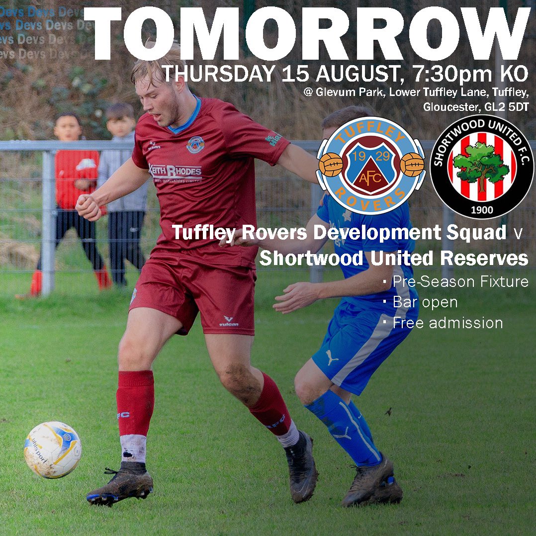 We have football at Glevum Park on Thursday evening, as our new Development Squad manager, <a href="/shaun_norville/">Shaun Norville</a>, takes charge of his first friendly, against <a href="/ShortwoodUtdFC/">Shortwood Utd FC</a> Reserves.

KO is 7:30pm &amp; the bar will be open.

#uptherovers