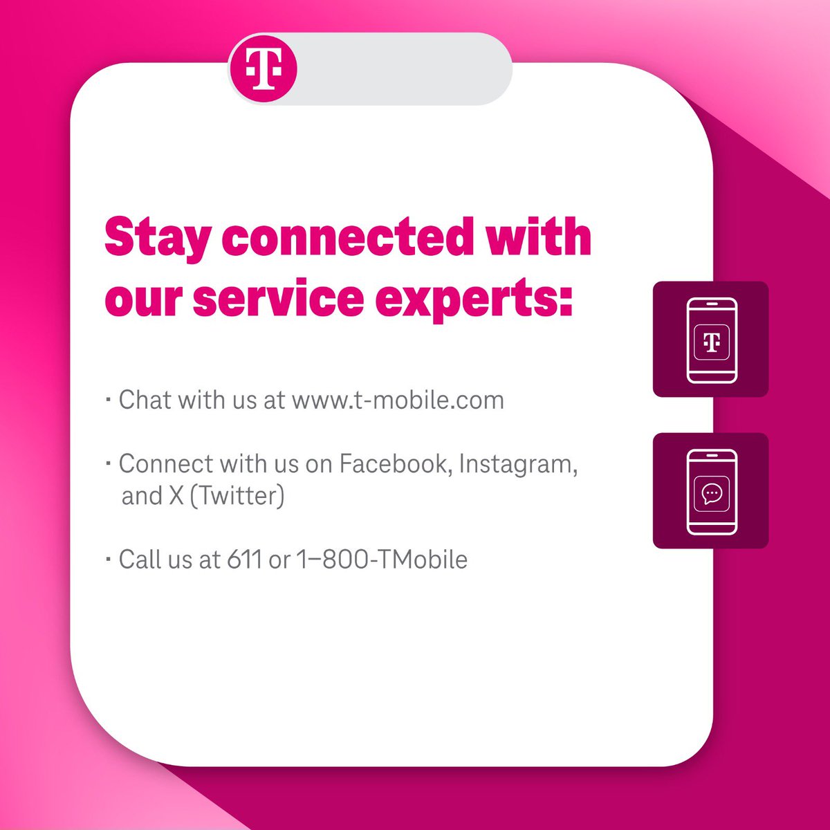T-Mobile and T-Mobile for Business customers! 📢

Stay safely connected during any emergency and find out how to access our 24/7 digital tools for your convenience. 📱🌧️