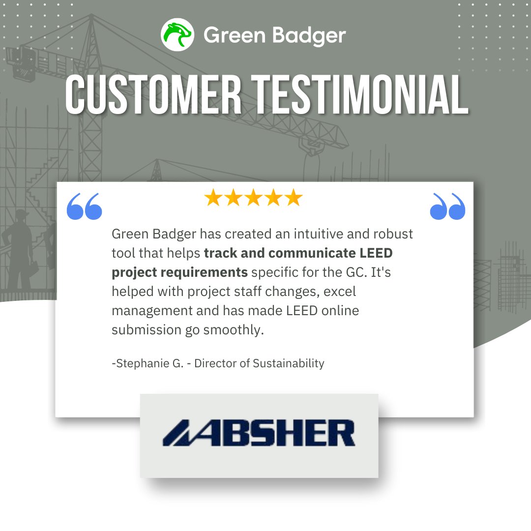 getgreenbadger's tweet image. Stephanie G giving Green Badger a shoutout for the seamless ability to track and communicate LEED requirements! Step away from the excel sheets and folders for LEED project management- there&apos;s a better way.

#easyLEED #construction #sustainability #GreenBadger #absherconstruction