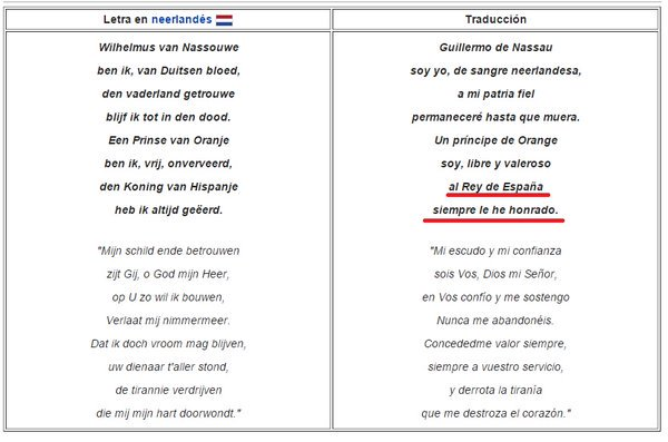 El himno más antiguo del mundo (el de Holanda, de 1568) ya menciona al "Rey de España". Para que se lo recuerdes a los separatistas cuando te digan que España no existía hasta Felipe V.😉👍