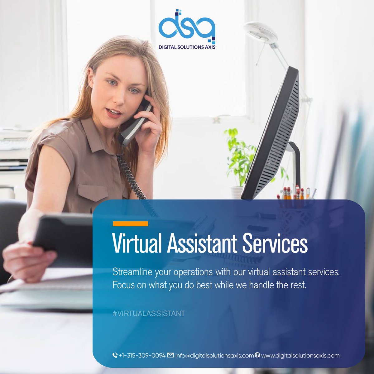 DigitalsAxis's tweet image. ๐ฉโ๐ป "Maximize your productivity with our dedicated Virtual Assistant Services! At #DigitalSolutionsAxis, our virtual assistants are skilled professionals ready to handle your administrative tasks, manage schedules, and provide top-notch support, allowing you to focus on wha ...