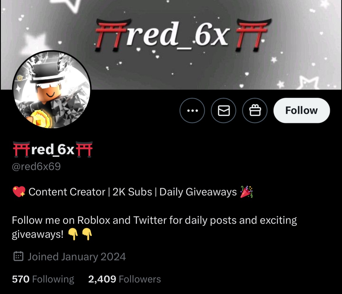 WARNING ⚠️ 

UNFOLLOW AND BLOCK @red6x69 

He has been doing FAKE Giveaways and Sending Links to HACK and Steal your Roblox Account too take your pets ex.

Beware of Accounts like this! Some more to consider blocking and unfollowing is <a href="/AMZY_RTC/">RealAmzyX 🔥</a> he is also faking giveaways