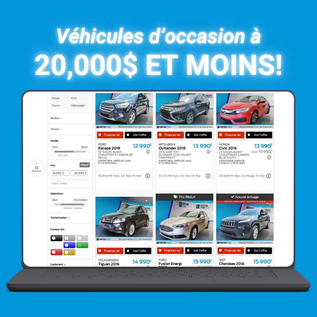 FortierFord's tweet photo. Nous avons une vingtaine de véhicules d'occasion à 20,000$ OU MOINS disponibles pour une LIVRAISON RAPIDE!

Consultez notre inventaire: https://t.co/W3nYtfVtnG 
📲 1-833-633-3183
📍 7000 boulevard Louis-H. Lafontaine à Anjou
⌚ Lundi au jeudi de 9h à 20h et vendredi de 9h à 19h https://t.co/Z7wKmFCpM9