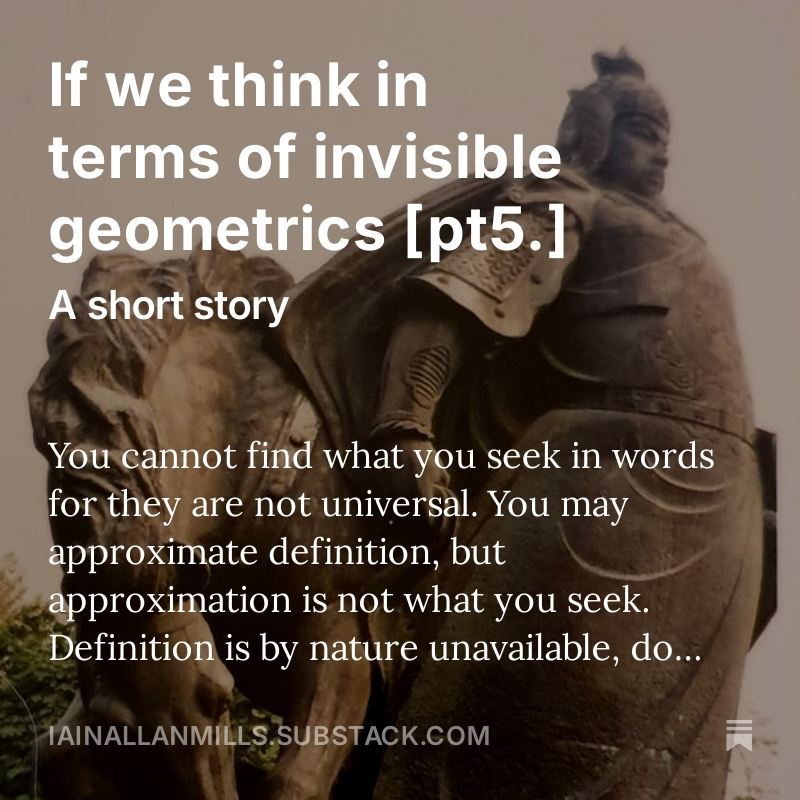 'If we think in terms of invisible geometrics' [pt5.] out now on iainallanmills.substack.com
So far my favourite three words of feedback so far are 'Pessoa' 'Mezcal' and 'Zelda'
#literaryfiction #flashfiction #microfiction #contemporaryliterature #magicalrealism #writerscommunity