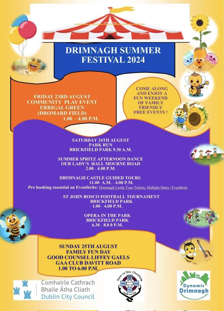 Our programme of events has just been released. Please share. 
A wide range of activities for all ages. 
Friday 23rd to Sunday 25th   
#Drimnaghfestival