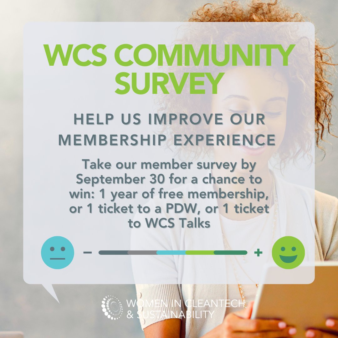 🎉 Win Big! 🎉

✨ 1 year of FREE membership!
✨ PDW Ticket!
✨ WCS Talks Ticket!

Help shape the future—take our 2024 Community Survey and you could score one of these awesome prizes! 🌱💚

info236796.typeform.com/survey2024#sou…

#WCS2024 #WomenInCleantech #Sustainability #GreenFuture