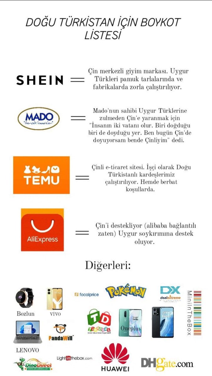 U_Hareketi's tweet photo. Çin’in Uygur zorlu çalıştırmada rolü olan ve sizin boykot edebileceğiniz bir takım markalar https://t.co/nWfZsg1RHr