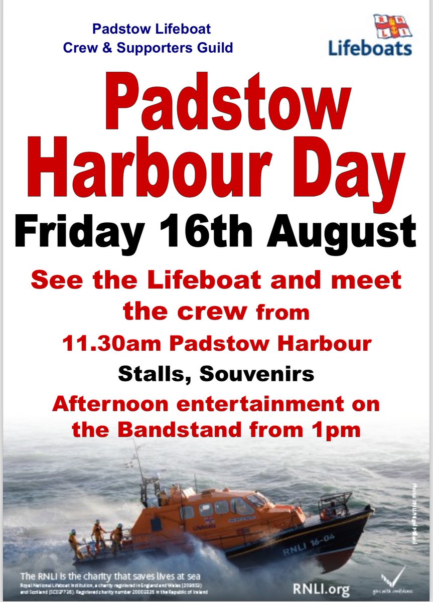 Join us this Friday, meet the crew and see the Spirit of Padstow RNLI lifeboat at our Harbour Day! #RNLI #padstowlifeboat