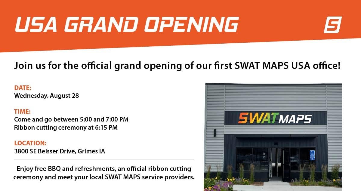 Join us on Wednesday, August 28 for the official grand opening of our first SWAT MAPS USA office! 🇺🇸

Enjoy free BBQ and refreshments, an official ribbon cutting ceremony and meet your local SWAT MAPS service providers.

Please RSVP by August 26 here 👉 hubs.la/Q02Lmg-x0