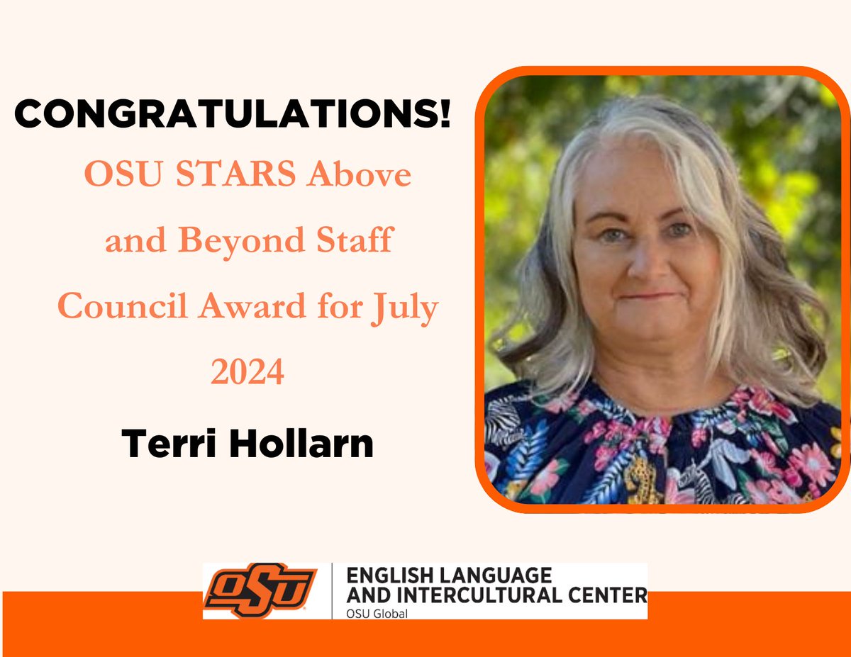 Terri Hollarn has received the OSU STARS Above and Beyond Staff Council Award for July 2024! This award honors her dedication to the healthy resettlement of Afghans in Stillwater. Congratulations, Terri!