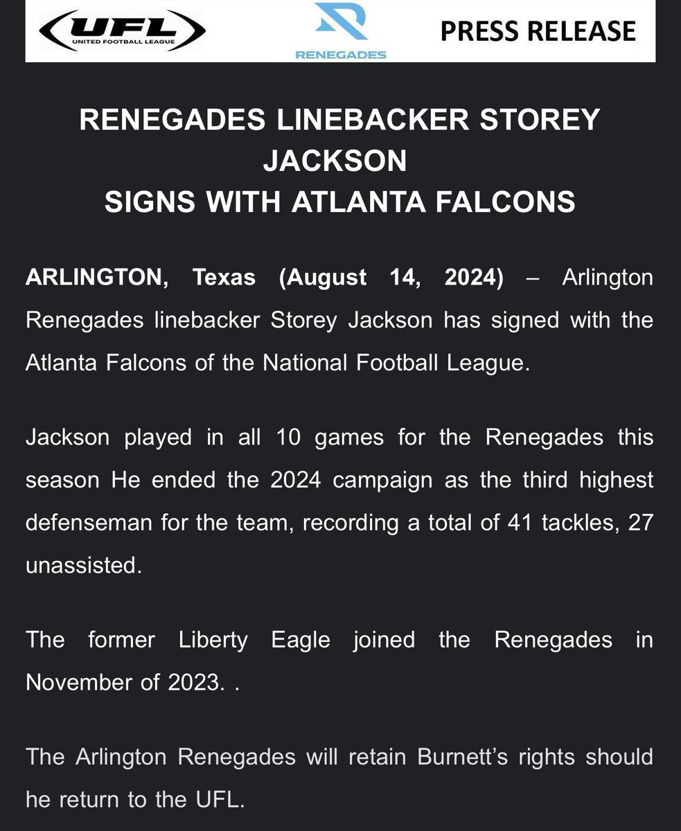 Renegades linebacker Storey Jackson is heading to the Atlanta Falcons. #UFL
