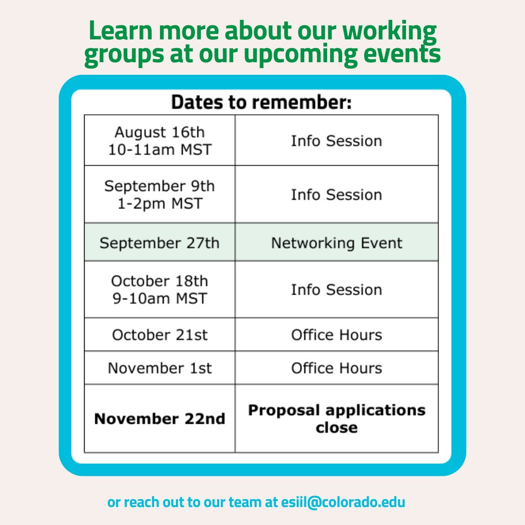 CU_ESIIL's tweet photo. Our 1st working group info session is this Friday! Can't attend this session - don't worry we have several upcoming events to learn more about working groups and connect with our team! 
Visit our website to learn more and register: https://t.co/gYbL7CGk9n https://t.co/PaBChpUdgf