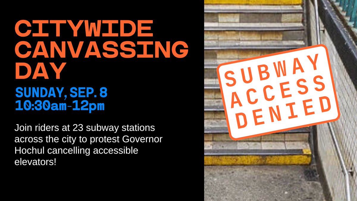 OpenPlans's tweet image. Hochul's congestion pricing pause has paused crucial subway upgrades including elevators &amp;amp; accessibility at 23 stations.

We're canvassing these stations to talk to riders about what we've lost (&amp;amp; how to fight back!). Join us Sun. 9/8, 10:30am-noon.

RSVP: docs.google.com/forms/d/e/1FAI…