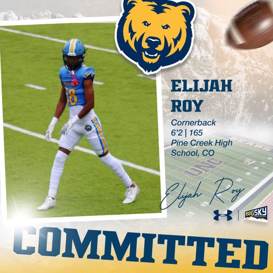Elijah Roy🎒 (@elijahroy18) on Twitter photo AGTG ! After much consideration with family, loved ones, and coaches. I am blessed to announce that I am committed to <a href="/UNC_BearsFB/">Northern Colorado Football</a>. Thank you <a href="/GodsWarrior615/">DJ Williams</a> <a href="/david_hedges/">David Hedges</a> for believing in me and guiding me through this recruitment process ! AGTG ! After much consideration with family, loved ones, and coaches. I am blessed to announce that I am committed to <a href="/UNC_BearsFB/">Northern Colorado Football</a>. Thank you <a href="/GodsWarrior615/">DJ Williams</a> <a href="/david_hedges/">David Hedges</a> for believing in me and guiding me through this recruitment process !