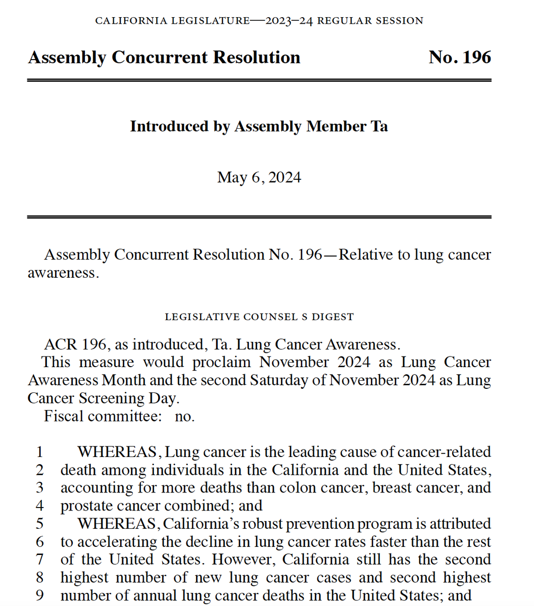 LAC Lung Cancer Coalition (@lac_coalition) on Twitter photo 👇Check out resolution ACR-196 authored by Assembly member <a href="/TriTa4CA/">Assemblyman Tri Ta</a>, declaring November as #lungcancerawareness month in California. It just passed in July with flying 🪽 colors (i.e. strong bipartisan support🤝)!!!
We’re excited to support this work by <a href="/ACSCAN/">American Cancer Society Cancer Action Network</a> and #CDOC and 👇Check out resolution ACR-196 authored by Assembly member <a href="/TriTa4CA/">Assemblyman Tri Ta</a>, declaring November as #lungcancerawareness month in California. It just passed in July with flying 🪽 colors (i.e. strong bipartisan support🤝)!!!
We’re excited to support this work by <a href="/ACSCAN/">American Cancer Society Cancer Action Network</a> and #CDOC and