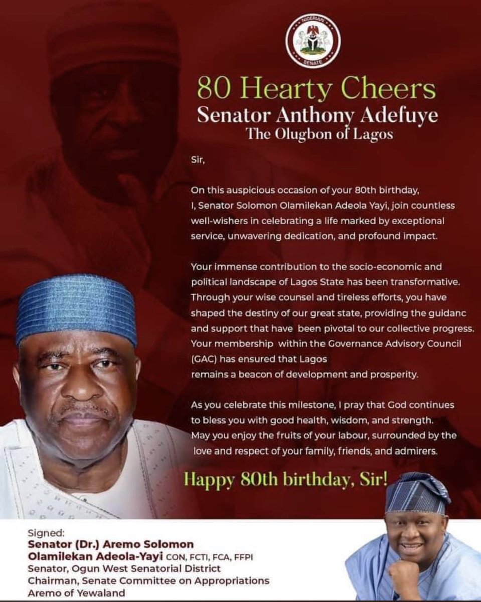 Sen_AdeolaYAYI's tweet photo. As you celebrate this milestone, I pray that God continues to bless you with good health, wisdom, and strength.

May you enjoy the fruits of your labour, surrounded by the love and respect of your family, friends, and admirers.

Happy 80th birthday, Sir! https://t.co/BgS2aDuYKz