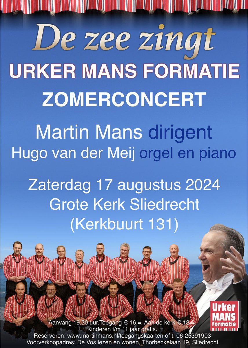 Zaterdag komt de Urker Mans Formatie naar Sliedrecht! Het ensemble, de solisten, begeleider Hugo van der Meij en ondergetekende heten je van harte welkom! 

Reserveer via martinmans.nl of haal een kaartje bij De Vos Lezen &amp; Wonen!