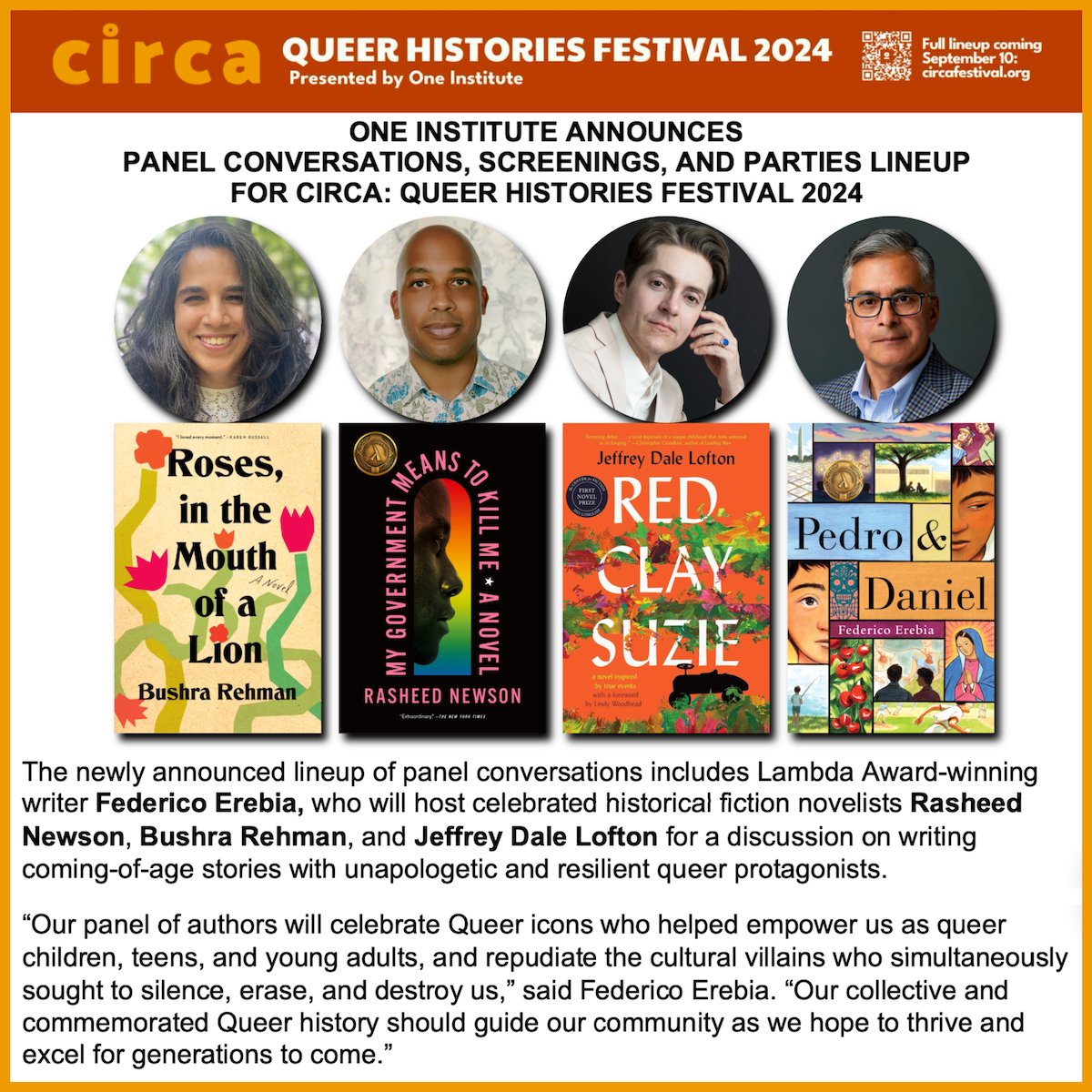 FedericoErebia | PEDRO&DANIEL (@federicoerebia) on Twitter photo The Queer Histories Festival 2024 will hold panels and other events throughout October.
Our panel will be held on October 10th. It will be a fun and informative discussion about Queer Icons and Cultural Villains from our youth.
Details at CircaFestival.org
<a href="/WriterBushra/">Bushra Rehman</a> The Queer Histories Festival 2024 will hold panels and other events throughout October.
Our panel will be held on October 10th. It will be a fun and informative discussion about Queer Icons and Cultural Villains from our youth.
Details at CircaFestival.org
<a href="/WriterBushra/">Bushra Rehman</a>