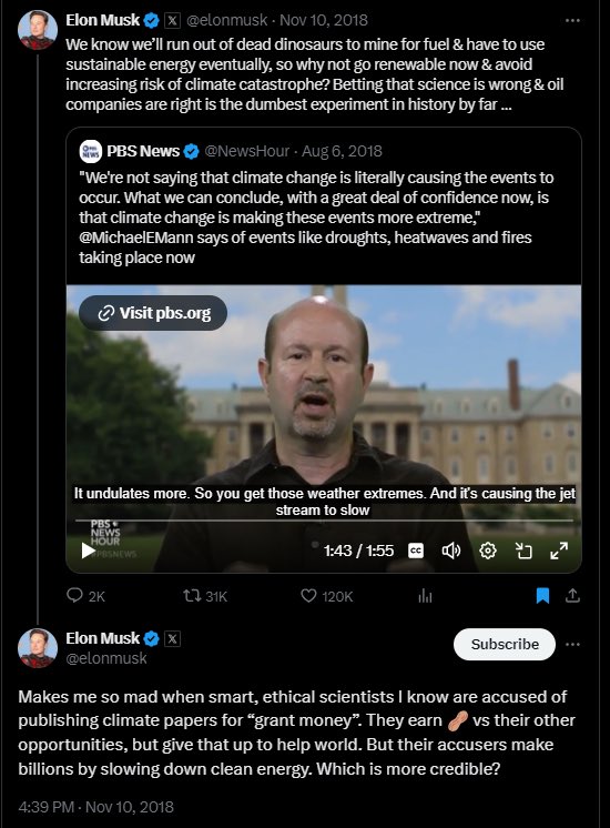 chiefchimpanzee's tweet image. A reminder of what Musk had to say about Professor Mann in 2018…