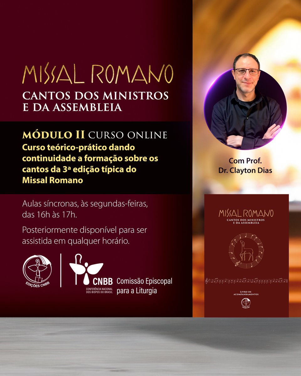 EDICOESCNBB's tweet photo. Inscreva-se no Módulo 2 do curso ‘Missal Romano: Cantos dos Ministros e da Assembleia’!🎶

Dando continuidade ao sucesso do Módulo I, o segundo módulo aprofunda a análise dos cantos presentes na 3ª edição do Missal Romano, aprovada pela CNBB. 

Não perca essa chance, inscreva-se! https://t.co/Iu3WBTjxEI