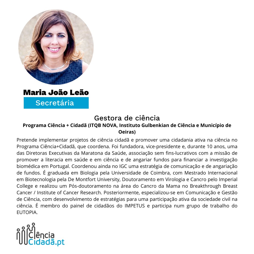 📌 Apresentamos desta vez, a Secretária na Mesa da Assembleia Geral: Maria João Leão!

➡️ É gestora de ciência do Programa Ciência + Cidadã (<a href="/itqbnova/">ITQB NOVA</a>, @IGCiencia e  <a href="/MunicipioOeiras/">Município de Oeiras</a>). 

Saibam mais na imagem e deem as boas-vindas à Maria João 🙌