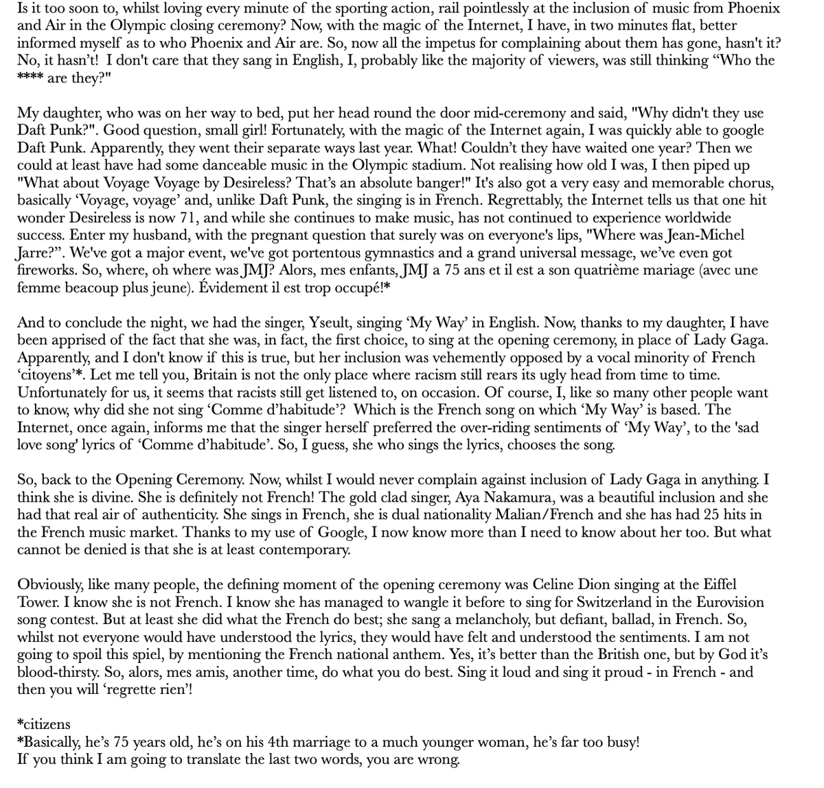 Just a little pointless rant about something over which I had no control. At least I'm aware it is pointless!

#ParisOlympics2024 #OlympicsClosingCeremony #France #music #WritingCommunity #writerslife #Paris 

youtube.com/watch?v=R5dLU8…