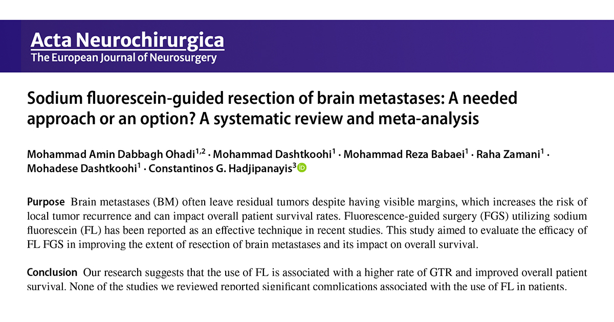 Pitt Neurosurgery (@pittneurosurg) on Twitter photo Study evaluates the efficacy of fluorescence-guided surgery utilizing sodium fluorescein in improving the extent of resection of brain metastases and its impact on overall survival. link.springer.com/article/10.100… <a href="/hadjiMDPhD/">Costas Hadjipanayis</a> <a href="/PittCIGNS/">Pitt Center for Image-Guided Neurosurgery</a> <a href="/UPMCPhysicianEd/">UPMC Physician Resources</a> Study evaluates the efficacy of fluorescence-guided surgery utilizing sodium fluorescein in improving the extent of resection of brain metastases and its impact on overall survival. link.springer.com/article/10.100… <a href="/hadjiMDPhD/">Costas Hadjipanayis</a> <a href="/PittCIGNS/">Pitt Center for Image-Guided Neurosurgery</a> <a href="/UPMCPhysicianEd/">UPMC Physician Resources</a>