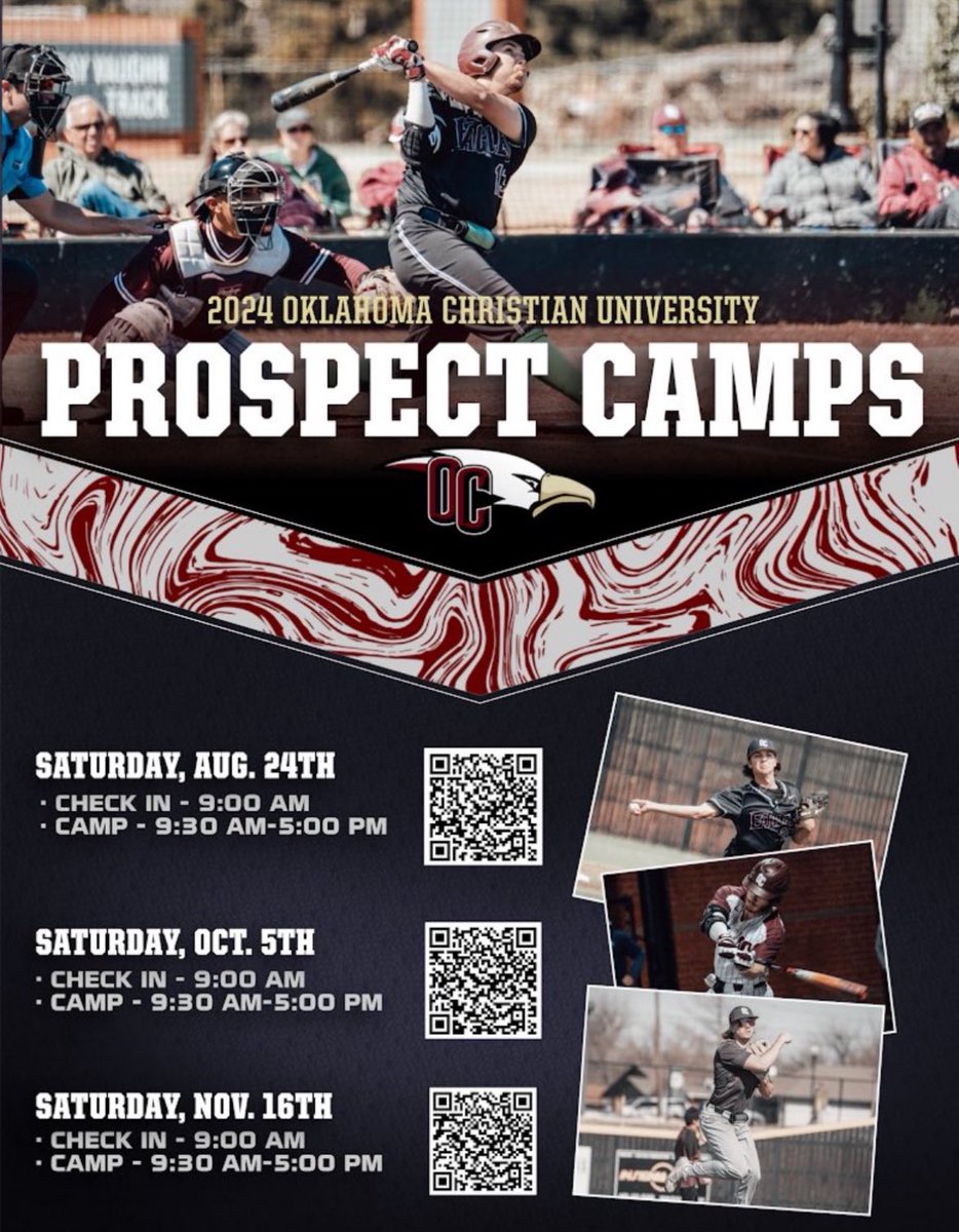 OK Christian is hosting 3 prospect camps this fall. Great way to get in front of college coaches. 

Rapsodo evals, pro style workout, campus tour, &amp; lunch.

Sign up ⬇️ 

August 24 tinyurl.com/y6v2dew4

October 5 tinyurl.com/ynksy4rx

November 16 tinyurl.com/mr3xzy6f