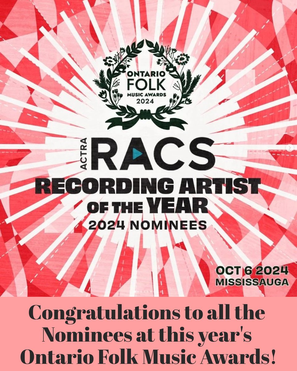 ACTRA RACS (@actraracs) on Twitter photo The Nominees for the <a href="/ACTRARACS/">ACTRA RACS</a> Recording Artist of the Year are:
@goodlovelies
<a href="/GreatLakeSwim/">Great Lake Swimmers</a>
<a href="/LoganStaats/">Logan Staats</a>
<a href="/okanmusica/">OKAN</a>
<a href="/SarahSegalMusic/">Sarah Segal-Lazar</a>
<a href="/TarekGhriri/">Tarek Ghriri-ุทุงุฑู ุบุฑูุฑู ๐๐</a>
<a href="/ThePairsMusic/">The Pairs</a>
Congrats to the nominees and check out the <a href="/folkmusicon/">Folk Canada</a> on Oct 6 at the Living Arts Centre in Mississauga! The Nominees for the <a href="/ACTRARACS/">ACTRA RACS</a> Recording Artist of the Year are:
@goodlovelies
<a href="/GreatLakeSwim/">Great Lake Swimmers</a>
<a href="/LoganStaats/">Logan Staats</a>
<a href="/okanmusica/">OKAN</a>
<a href="/SarahSegalMusic/">Sarah Segal-Lazar</a>
<a href="/TarekGhriri/">Tarek Ghriri-ุทุงุฑู ุบุฑูุฑู ๐๐</a>
<a href="/ThePairsMusic/">The Pairs</a>
Congrats to the nominees and check out the <a href="/folkmusicon/">Folk Canada</a> on Oct 6 at the Living Arts Centre in Mississauga!