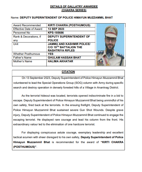 ANI's tweet image. Indian Army’s Colonel Manpreet Singh and Rifleman Ravi Kumar along with Deputy Superintendent of Jammu and Kashmir Police Himayun Muzzammil Bhat have been posthumously awarded the Kirti Chakra, the second-highest peacetime gallantry award.

Major Malla Rama Gopal Naidu was also…