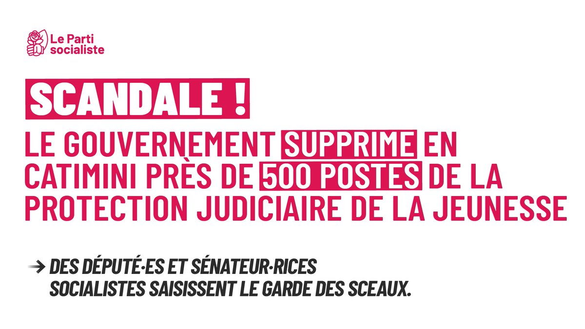 partisocialiste's tweet photo. En pleine trêve olympique, le Gouvernement transitoire supprime 500 postes de la protection judiciaire de la jeunesse et réduit d'1,8M son budget.

En réaction, des député·es et sénateur·rices socialistes saisissent le garde des sceaux. https://t.co/i4aUXey9GU