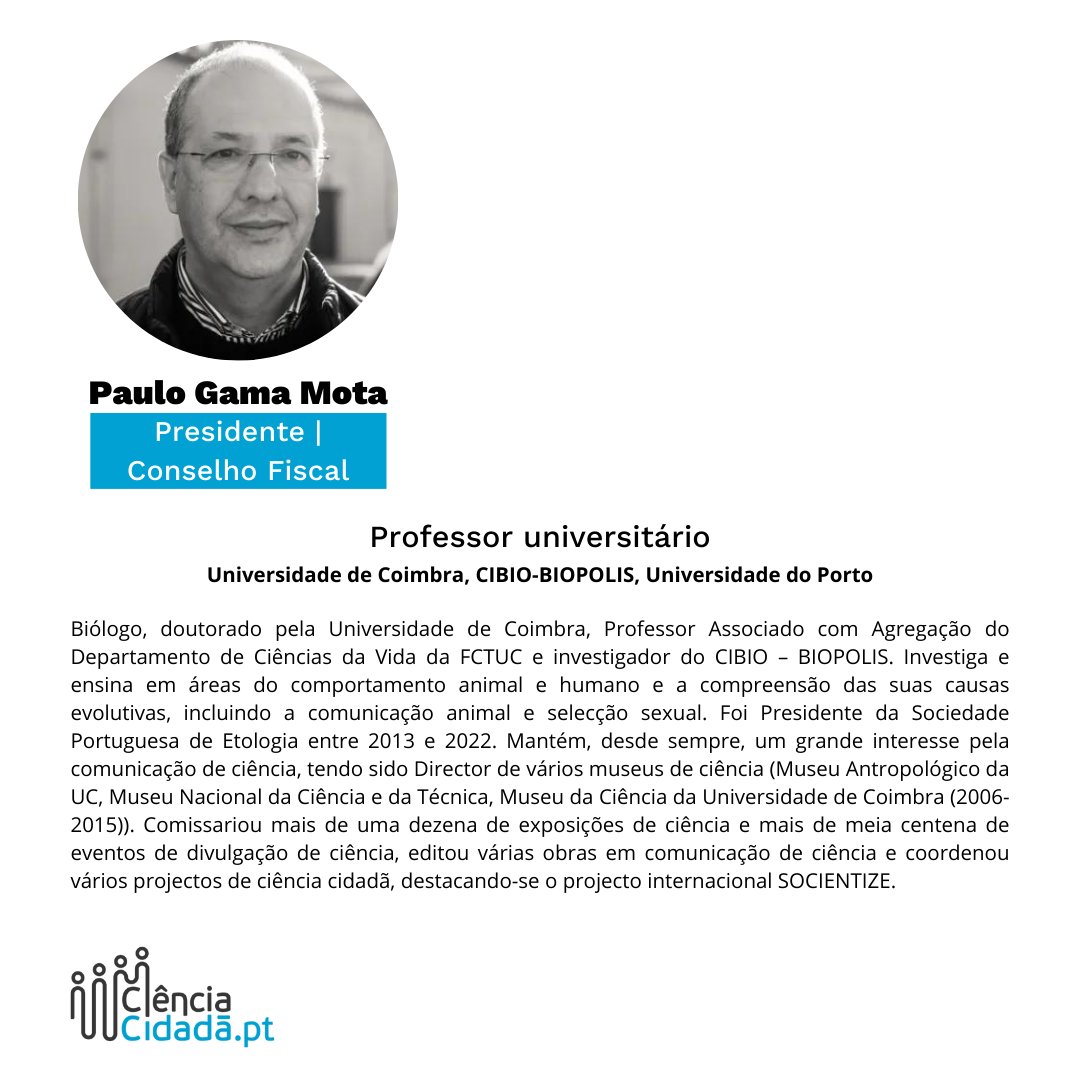 📌 Desta vez, apresentamos o Presidente do Conselho Fiscal: Paulo Gama Mota!

➡️ É professor universitário na Universidade de Coimbra, investigador no CIBIO-BIOPOLIS e Universidade do Porto, e é um conhecido divulgador de ciência.

Saibam mais e deem as boas-vindas ao Paulo 🙌