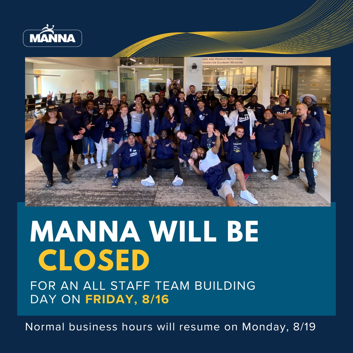 MANNA will be closed this Friday, August 16th, for an all-staff team building day! We will be back in the kitchen and offices on Monday preparing more delicious, medically tailored meals for our clients!! 💙💛🍎