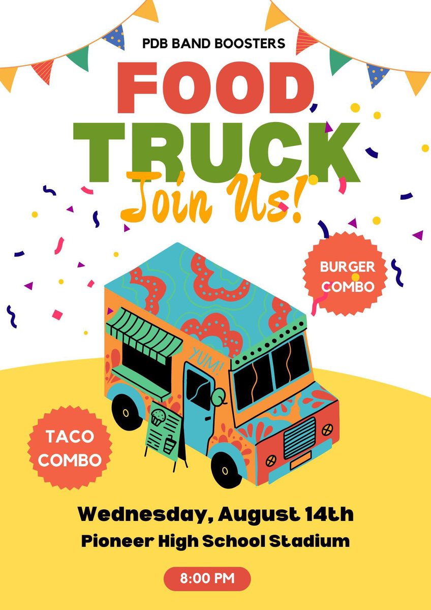 Hey PDB Family! Join us today at 8:00 PM. 
Come on out and pick up a taco or burger combo and watch our PDB Band out on the field. 100% of proceeds go back to our band students.