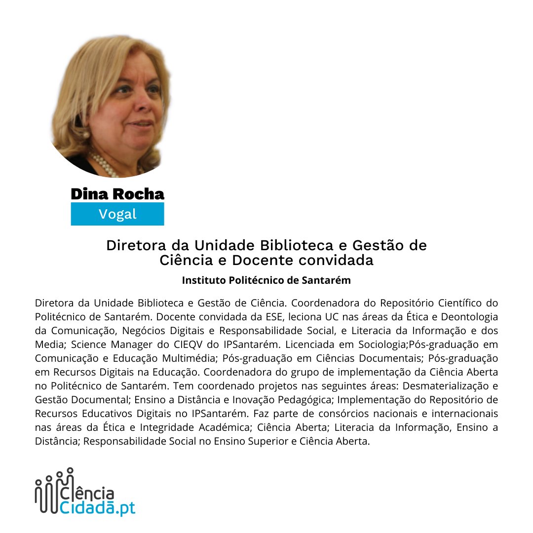 📌 Hoje apresentamos mais um membro dos nossos órgãos sociais, a vogal do Conselho Fiscal: Dina Rocha!

➡️ É diretora da Unidade Biblioteca e Gestão de Ciência no Instituto Politécnico de Santarém, onde é docente convidada.

Saibam mais na imagem e deem as boas-vindas à Dina 🙌