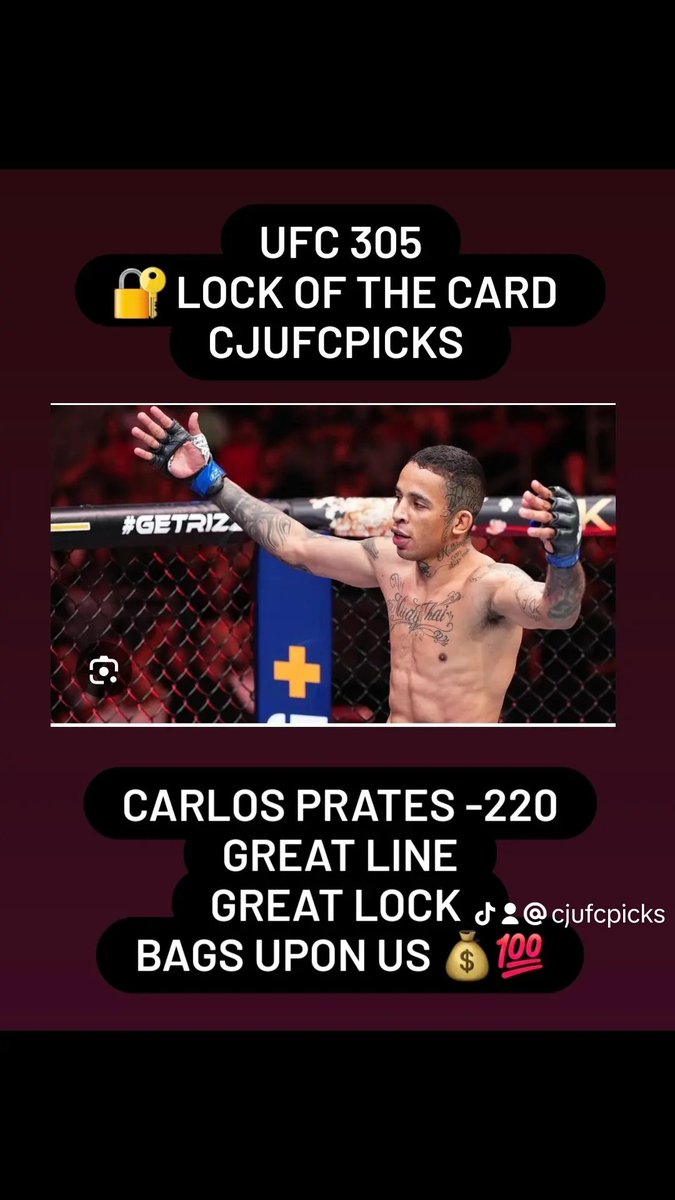 CJUFCPicks's tweet photo. Lock of the card for yall UFC 305 #MMATwitter #GamblingX #ufc305 #duplessisvsadesanya #ufcfightnight #carlosprates #lock #ufcaustralia #ufcpicks #ufcpredictions #ufcnews #ufcpodcast #ufcvideo #ufchighlights #fight #knockout #tapout #submision #fyp #cjufcpicks https://t.co/ASDfZFGWqA