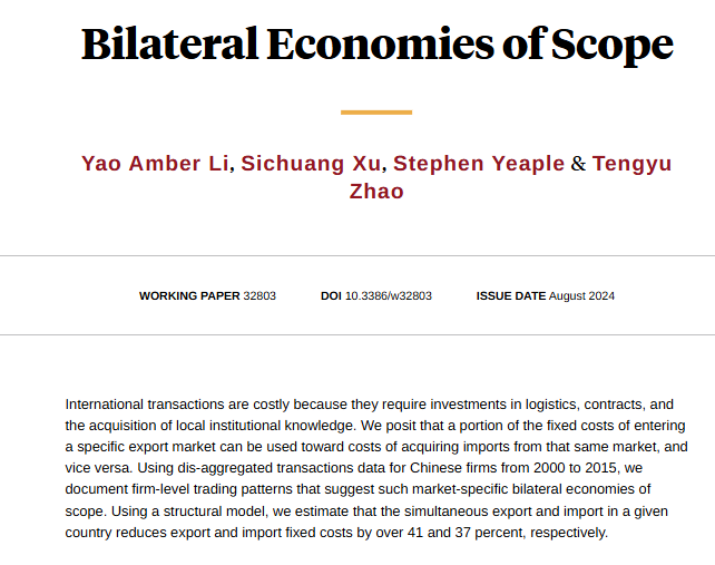 nberpubs's tweet photo. Estimating large bilateral economies of scope in exporting and importing: doing both simultaneously with a trading partner reduces the total cost by over a third, from @yaoamber, Sichuang Xu, Stephen Yeaple, and Tengyu Zhao https://t.co/KlPGXjrazE https://t.co/RziQSA8Eh6