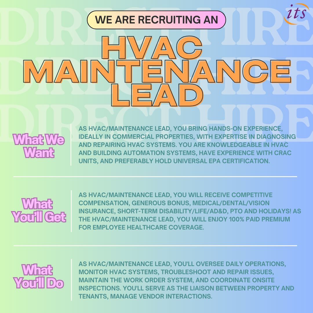 ITS_Staffing's tweet photo. 🔥 Hot Job Alert: HVAC/Maintenance Lead! 

If you’re ready to take the lead, let’s make it happen! Check out our website (https://t.co/k1Rj8GlUxj) and ensure that you qualify before submitting your resume. We look forward to working with you! 👋🏼 https://t.co/dPRGP7206T