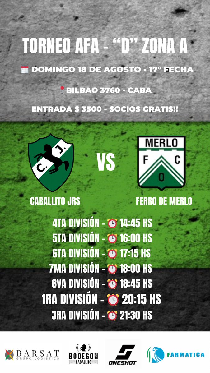 17° fecha - Domingo 18 de agosto
Caballito Jrs VS Ferro de Merlo