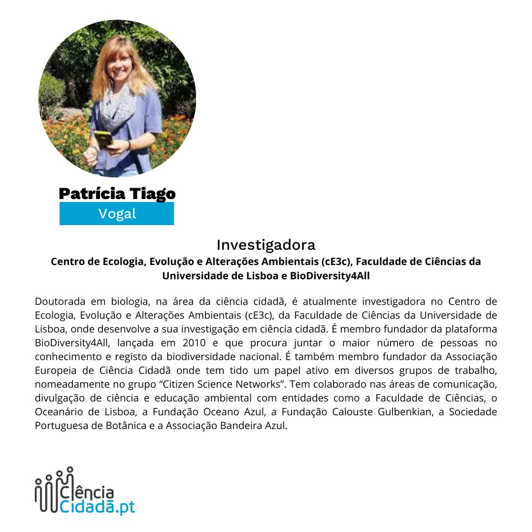 📌 Hoje apresentamos a vogal do Conselho Fiscal: Patrícia Tiago!

➡️ É investigadora no <a href="/CE3CResearch/">CE3C</a>, da Faculdade de Ciências da <a href="/ULisboa/">Univ. de Lisboa</a> e fundadora da <a href="/Biodiversity4A/">BioDiversity4All | Biodiversidade para Todos</a>, uma associação dedicada à ciência cidadã em Portugal.

Saibam mais e deem as boas-vindas à Patrícia 🙌