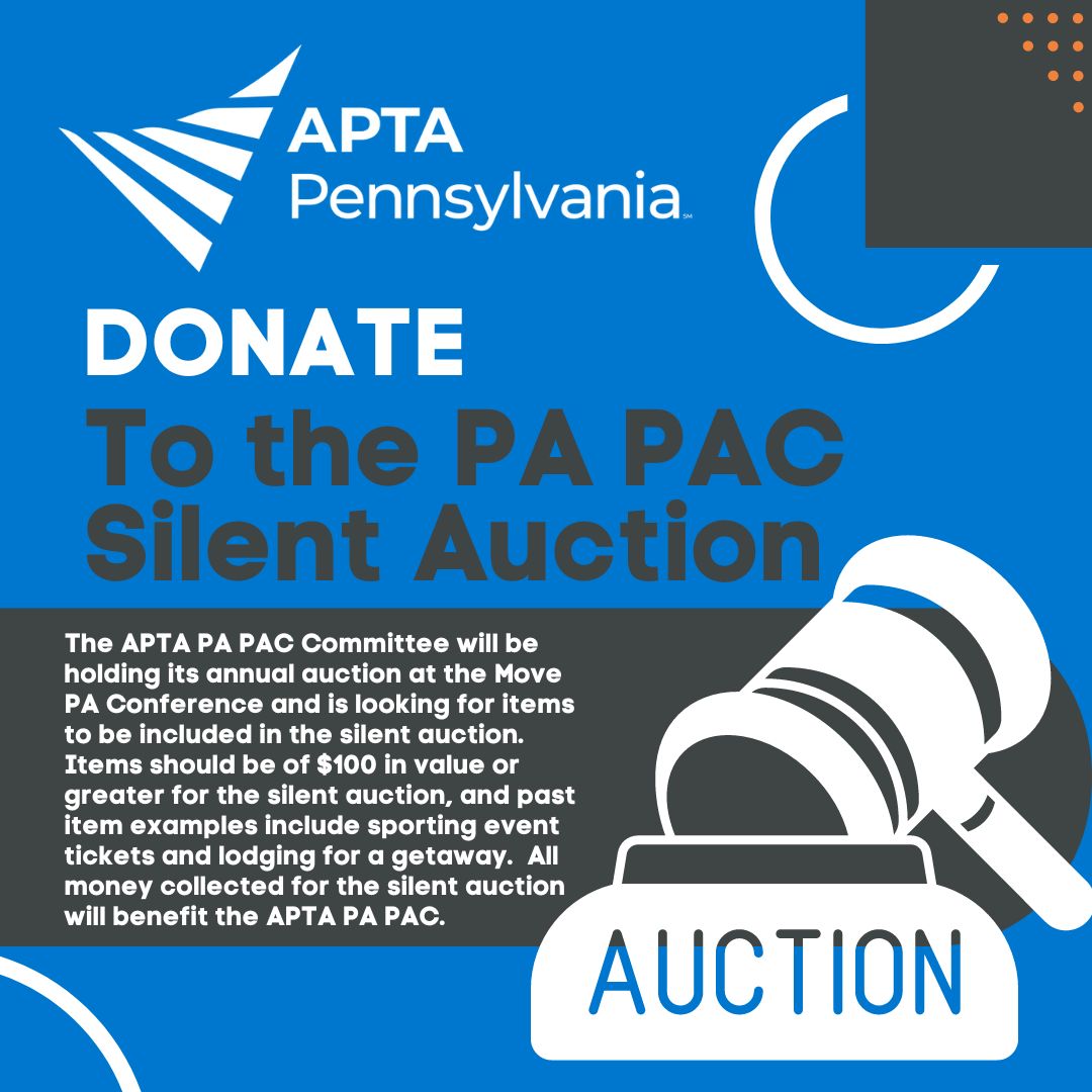 APTA_PA's tweet photo. The APTA PA PAC Committee will be holding its annual auction at the Move PA Conference and is looking for items to be included in the silent auction. All money collected for the silent auction will benefit the APTA PA PAC. Donate today: https://t.co/4XyLu6pZms #APTAPA #MovePA https://t.co/ryTbYDioMT