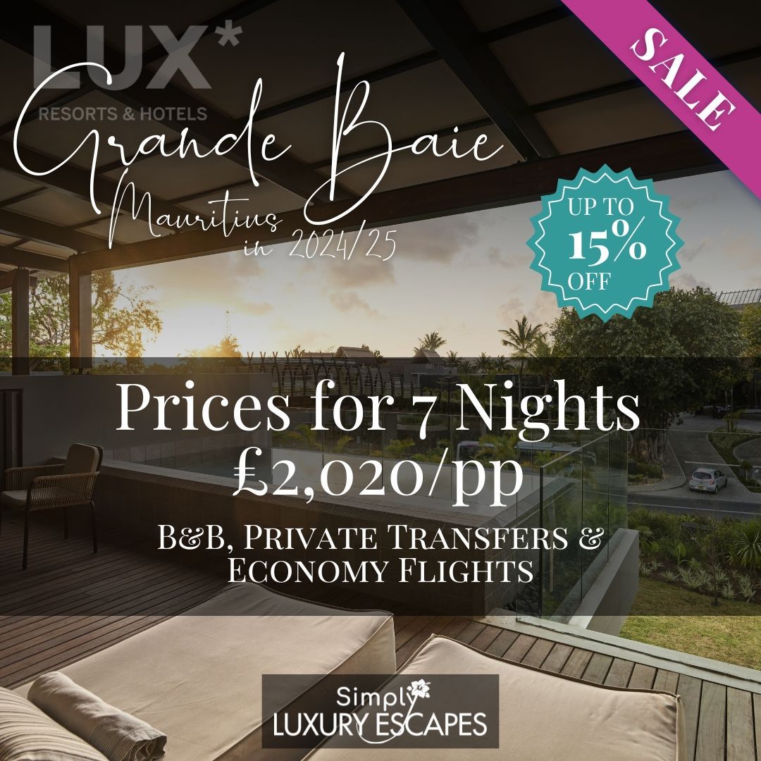 Escape to LUX Grande Baie, Mauritius! 🌟 
Enjoy 15% off your 2024/25 stay and indulge in luxury, stunning views, and unforgettable moments. Book now! 🏝️✨ 
#LUXGrandeBaie #MauritiusEscape #LuxuryTravel #TravelDeals