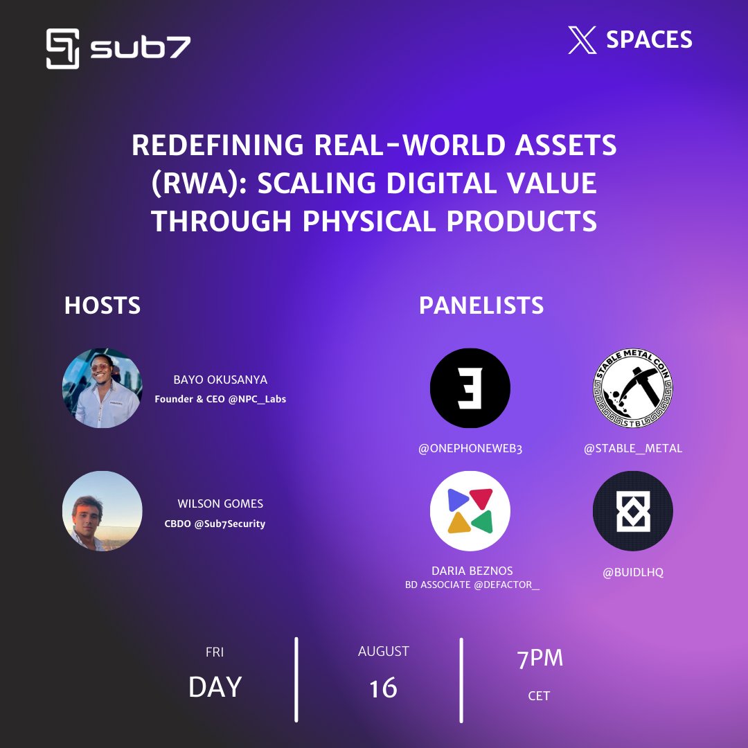 Sub7Security's tweet image. 🚨It will happen! 

⚡️Redefining Real-World Assets ( RWA ): Scaling Digital Value Through Physical Products.

👉 Hosts: 

- @bayo__de Founder &amp;amp; CEO @NPC_Labs 
- @CryptoGomxszzz CBDO @Sub7Security 

👉 Panelists:

- @BeznosDaria BD Associate @defactor_ 
- @buidlhq 
- @stable_metal