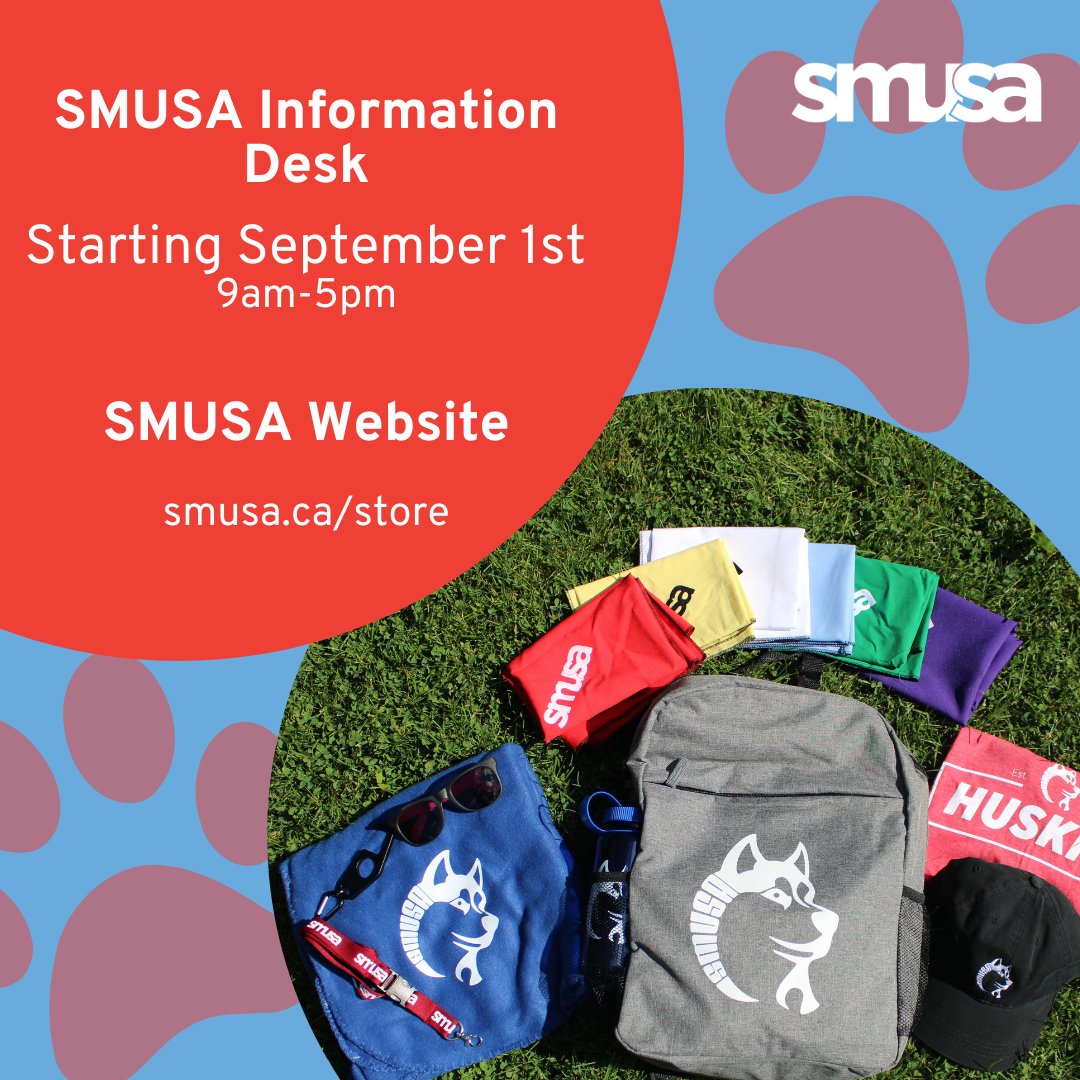 Welcome Week Kits are on Pre-Sale NOW**! 🎒 Get all your SMUSA essentials and more for just $49.99 + tax until August 31st. ⏳ Don’t miss out—price goes back to $64.99 after August 31st!

smusa.ca/store

**pick up only