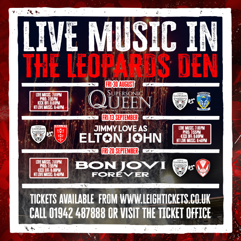 LeighLeopardsRL's tweet photo. 🎸𝗟𝗜𝗩𝗘 𝗠𝗨𝗦𝗜𝗖 𝗧𝗛𝗜𝗦 𝗦𝗘𝗔𝗦𝗢𝗡🎤

We have some great live music lined up for the rest of our home games this season, @QueenSupersonic, @JimmyLovesElton and @bonjoviforever 

Tickets for all remaining games are now on sale! ⬇️
