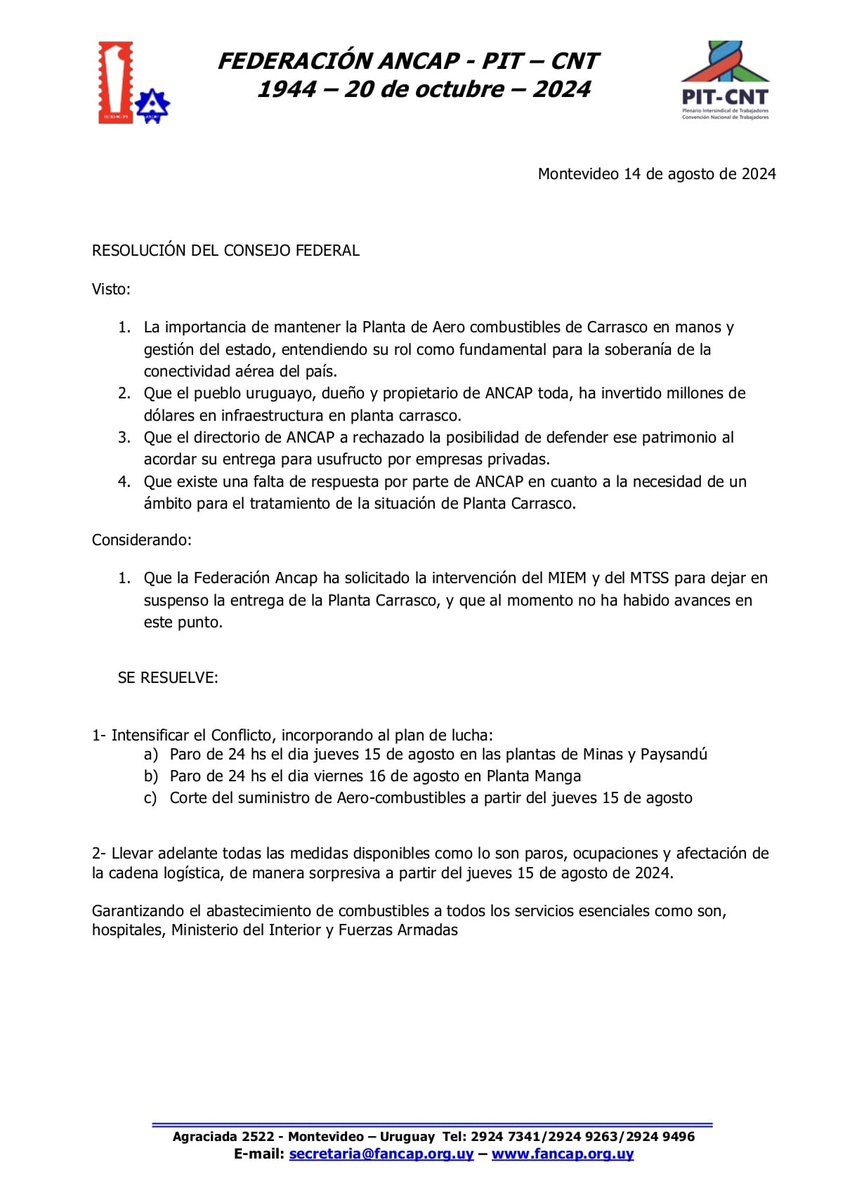 📢 Resolución del Consejo Federal de FANCAP ante la decisión del Directorio de ANCAP de entregar a privados la Planta Carrasco de Aerocombustibles.