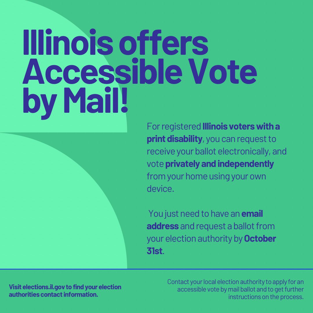 illinoissbe's tweet photo. Great news for registered voters in Illinois with print disabilities! You can now receive your ballot electronically and vote from the comfort of your home. Just reach out to your election authority by October 31st to get started! #VotingAccess #IllinoisVotes https://t.co/irgIrcTpjS