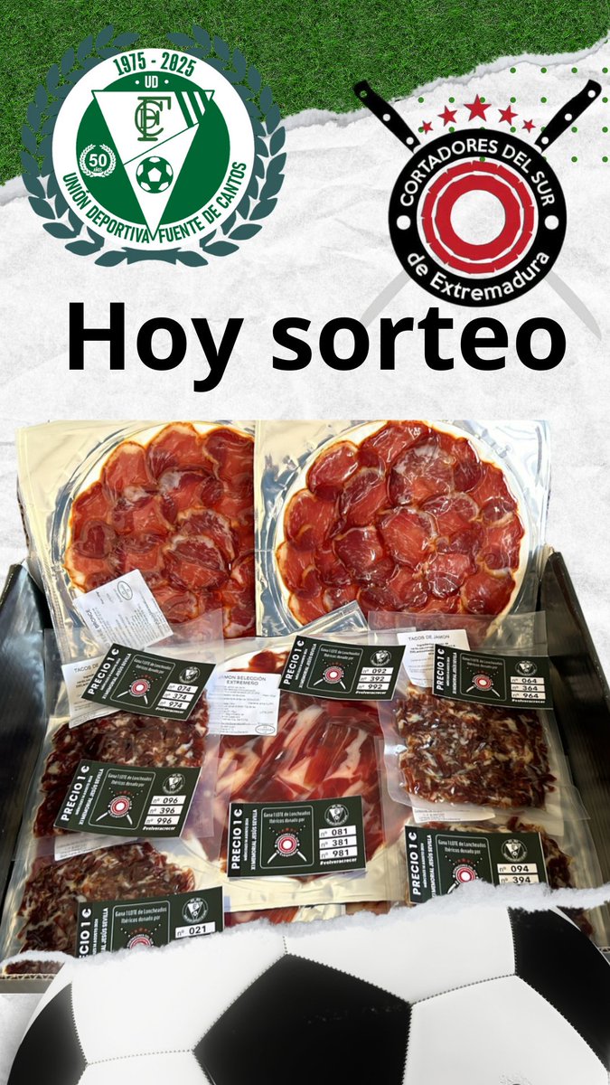 UDFDC's tweet photo. Hoy no te puedes perder el Memorial Jesús Sevilla. ⚽ Y recuerda comprar una papeleta para el sorteo de un lote de loncheados de ibéricos donado por #cortadoresdelsur #udfdc 🆚@cdazuaga https://t.co/dZOLV4YgJf