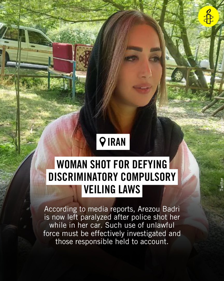 Reports that police in Iran shot and left Arezou Badri paralysed while enforcing compulsory veiling laws must be effectively investigated &amp; those responsible held to account. This incident highlights the urgency of abolishing veiling laws &amp; tackling Iran’s impunity crisis.